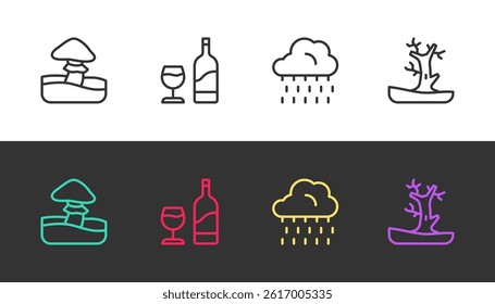 Set line Mushroom, Wine bottle with glass, Cloud rain and Bare tree on black and white. Vector