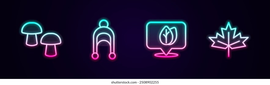 Set line Mushroom, Winter hat, Location with leaf and Canadian maple. Glowing neon icon. Vector