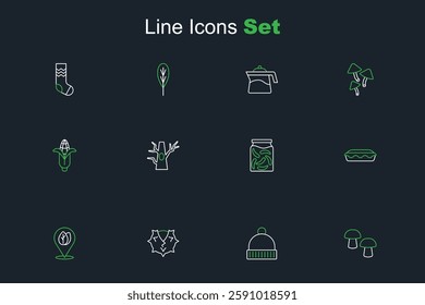 Set line Mushroom, Winter hat, Chestnut, Location with leaf, Homemade pie, Pickled cucumbers jar, Bare tree and Corn icon. Vector