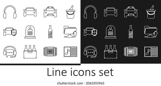 Set line Music book with note, FTP folder upload, Police car and flasher, Tombstone RIP written, Car protection or insurance, Headphones, Bottle of wine and  icon. Vector