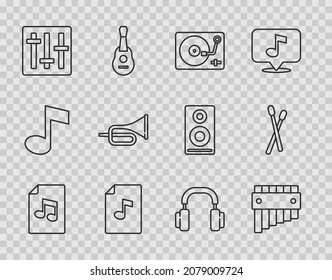 Set line Music book with note, Pan flute, Vinyl player vinyl disk, Sound mixer controller, Trumpet, Headphones and Drum sticks icon. Vector