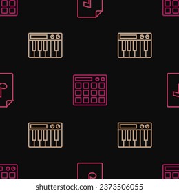 Set line Music book with note, synthesizer and Drum machine on seamless pattern. Vector