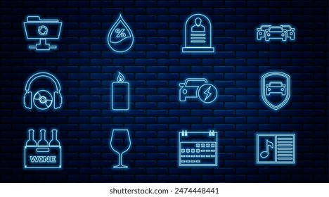 Set line Music book with note, Car protection or insurance, Tombstone RIP written, Burning candle, Headphones CD DVD, FTP sync refresh, Electric car and Water drop percentage icon. Vector