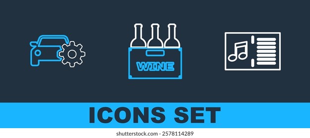 Set line Music book with note, Car service and Bottles of wine in box icon. Vector