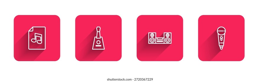 Set line Libro de música con nota, Balalaika, Home estéreo y micrófono con sombra larga. Botón cuadrado rojo. Vector