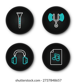 Set line Music book with note, Headphones, Musical tuning fork and Clarinet icon. Vector