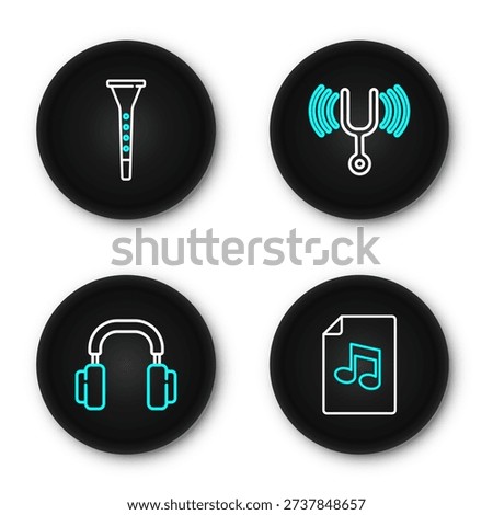 Set line Music book with note, Headphones, Musical tuning fork and Clarinet icon. Vector