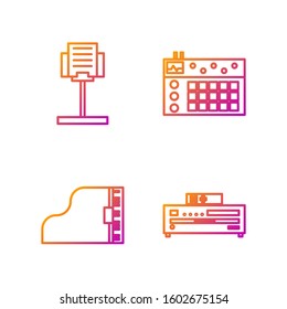 Set line Music CD player, Grand piano, Music stand and Drum machine. Gradient color icons. Vector