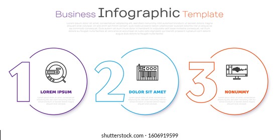 Set line Music CD player, Music synthesizer and Sound or audio recorder on monitor. Business infographic template. Vector