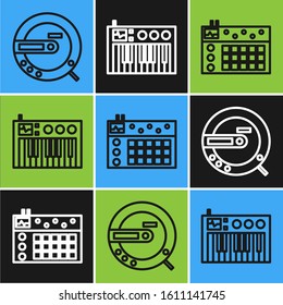 Set line Music CD player, Drum machine and Music synthesizer icon. Vector