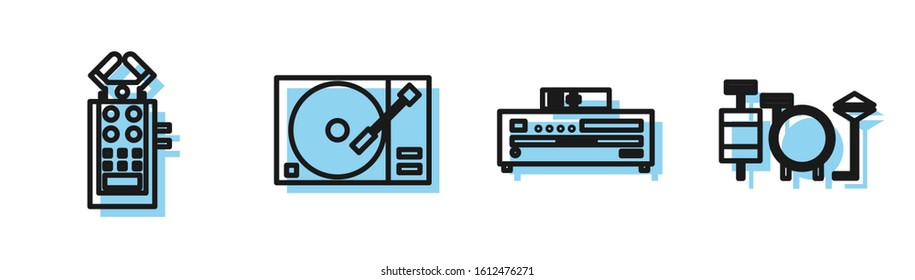 Set line Music CD player, Microphone, Vinyl player with a vinyl disk and Drums icon. Vector