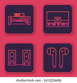 Set line Music CD player, Stereo speaker, Piano and Air headphones. Blue square button. Vector