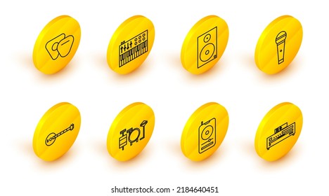 Set line Music CD player, Drums, Banjo, Microphone, Stereo speaker, synthesizer and Guitar pick icon. Vector