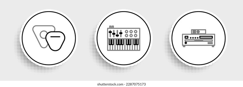 Set line Music CD player, Guitar pick and synthesizer icon. Vector