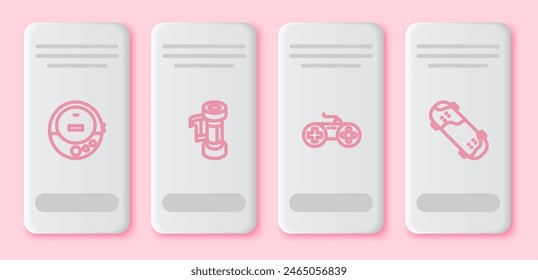 Set line Music CD player, Camera roll cartridge, Gamepad and Skateboard trick. White rectangle button. Vector