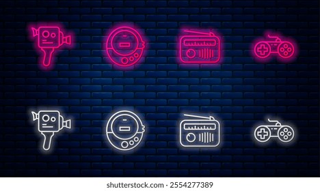 Set line Music CD player, Radio with antenna, Retro cinema camera and Gamepad. Glowing neon icon on brick wall. Vector