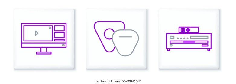 Set line Music CD player, Video recorder or editor software on monitor and Guitar pick icon. Vector