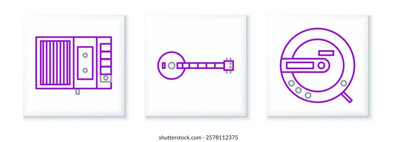 Set line Music CD player, tape and Banjo icon. Vector