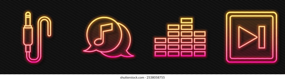 Set line Music equalizer, Audio jack, Musical note in speech bubble and Fast forward. Glowing neon icon. Vector