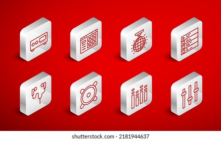 Set line Music equalizer, Drum machine, Disco ball, playlist, Guitar amplifier, Stereo speaker and Air headphones icon. Vector