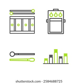 Set line Music equalizer, Drum sticks, Guitar pedal and with drum icon. Vector