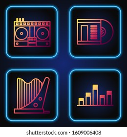 Set line Music equalizer, Harp, DJ remote for playing and mixing music and Vinyl disk. Gradient color icons. Vector