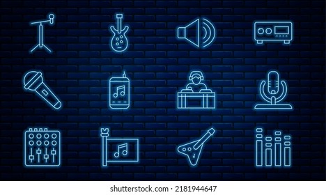 Set line Music equalizer, Microphone, Speaker volume, player, with stand, DJ playing music and Electric bass guitar icon. Vector