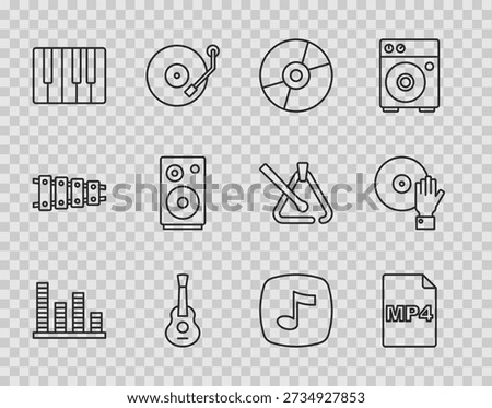 Set line Music equalizer, MP4 file document, Vinyl disk, Guitar, synthesizer, Stereo speaker, note, tone and DJ playing music icon. Vector
