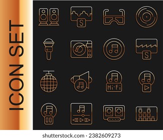 Set line Music equalizer, Play in square, wave, Glasses, Vinyl player with vinyl disk, Microphone, Stereo speaker and note, tone icon. Vector