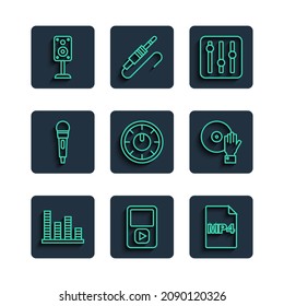 Set line Music equalizer, player, MP4 file document, Sound mixer controller, Microphone, Stereo speaker and DJ playing music icon. Vector