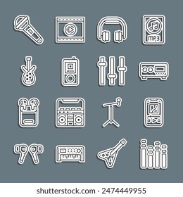 Set line Music equalizer, player, Guitar amplifier, Headphones, Electric bass guitar, Microphone and  icon. Vector