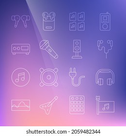 Set line Music festival flag, Headphones, Air headphones, file document, Microphone, Guitar amplifier,  and Stereo speaker icon. Vector