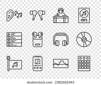 Set line Music festival flag, Drum machine, DJ playing music, player, Ear listen sound signal, Air headphones box, wave equalizer and CD or DVD disk icon. Vector