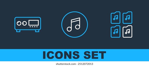 Set line Music file document, Guitar amplifier and note, tone icon. Vector