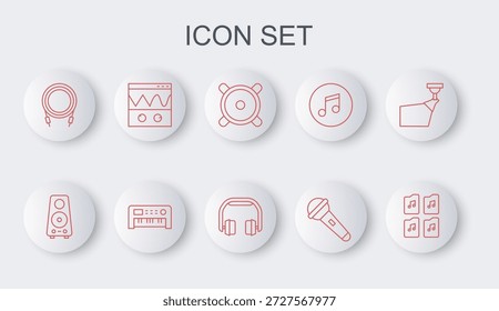 Documento de archivo de música, altavoz estéreo, micrófono, conector de audio, osciloscopio, sintetizador e icono de auriculares. Vector