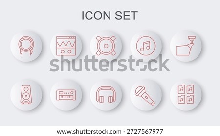 Set line Music file document, Stereo speaker, Microphone, Audio jack, Oscilloscope, synthesizer and Headphones icon. Vector