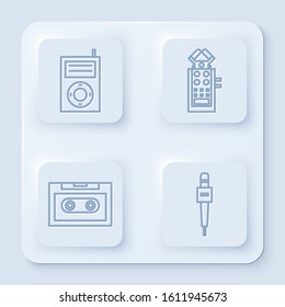 Set line Music MP3 player, Microphone, Retro audio cassette tape and Microphone. White square button. Vector