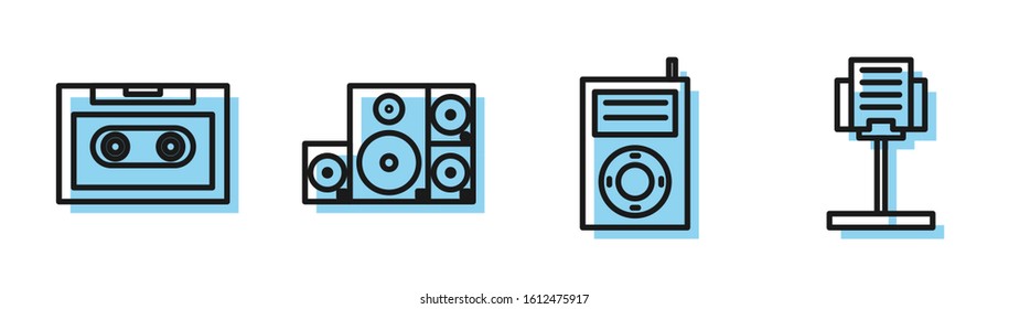 Set line Music MP3 player, Retro audio cassette tape, Stereo speaker and Music stand icon. Vector