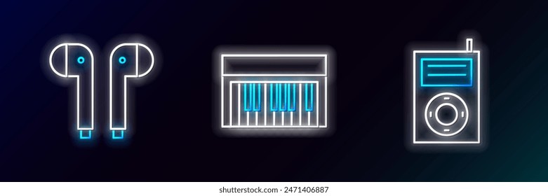 Set line Music MP3 player, Air headphones and synthesizer icon. Glowing neon. Vector