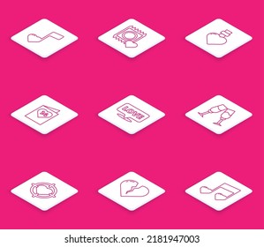 Set line Music note, Condom in package, Bottle love potion, Valentines day flyer, Speech bubble text, Glass of champagne, Heart the center darts target aim and Broken or divorce icon. Vector