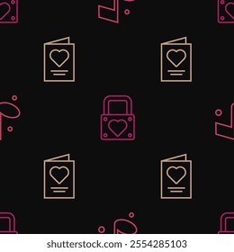 Set line Music note, Greeting card and Lock and heart on seamless pattern. Vector