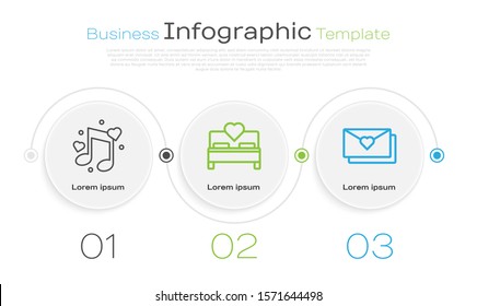 Set line Music note, tone with hearts, Bedroom and Envelope with Valentine heart. Business infographic template. Vector