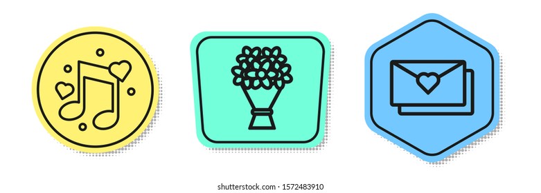 Set line Music note, tone with hearts, Bouquet of flowers and Envelope with Valentine heart. Colored shapes. Vector