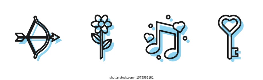 Set line Music note, tone with hearts, Bow and arrow, Flower and Key in heart shape icon. Vector