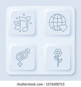Set line Music note, tone with hearts, The heart world love, Gender and Flower. White square button. Vector