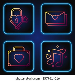 Set line Music note, tone with hearts, Suitcase for travel with heart, Castle in the shape of a heart and key and Envelope with Valentine heart. Gradient color icons. Vector