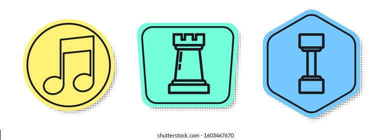 Set line Music note, tone, Chess symbol and Dumbbell. Colored shapes. Vector