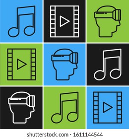 Set line Music note, tone, Virtual reality glasses and Play Video icon. Vector