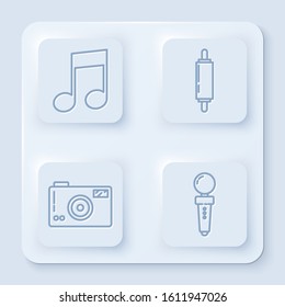 Set line Music note, tone, Rolling pin, Photo camera and Joystick for arcade machine. White square button. Vector