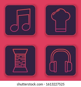 Set line Music note, tone, Sewing thread on spool, Chef hat and Headphones. Blue square button. Vector